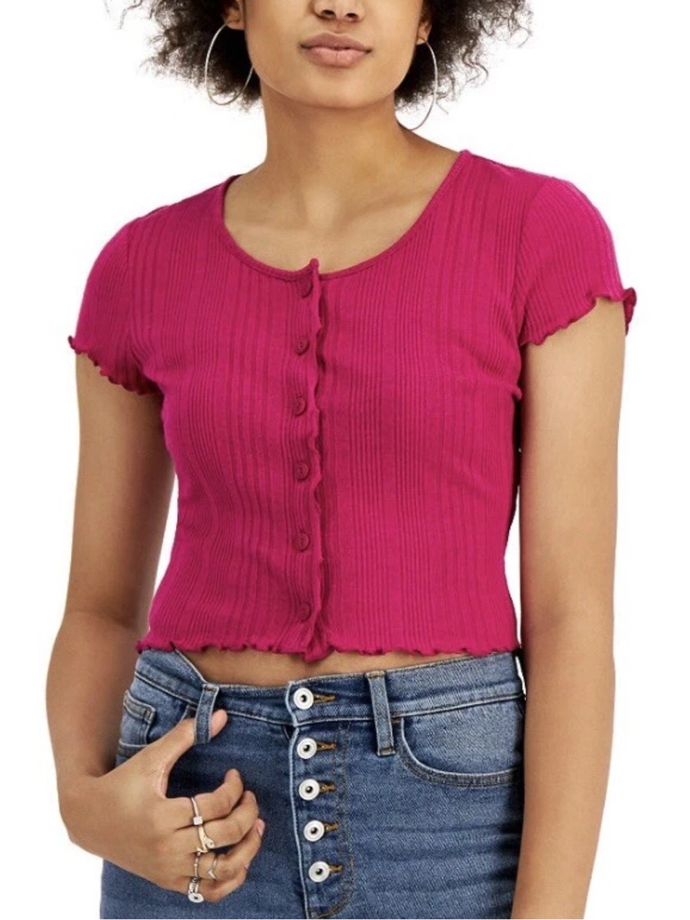Bar III Womens Ribbed Cropped Cardigan Raspberry Pink Casual Button Front Top XL
